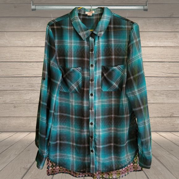 Xhilaration dark teal, light teal, white plaid sheer, long sleeved button-up - Picture 2 of 4
